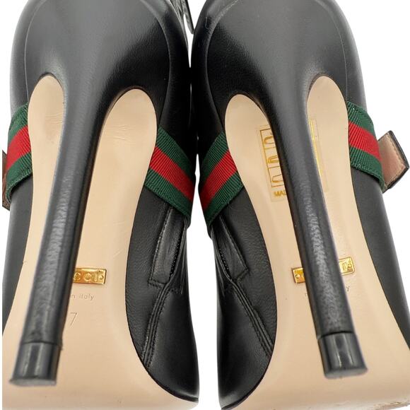 Gucci Sylvie Web Stripe Black Leather Boots High Heel Booties Size 37 US 7 - Picture 11 of 15